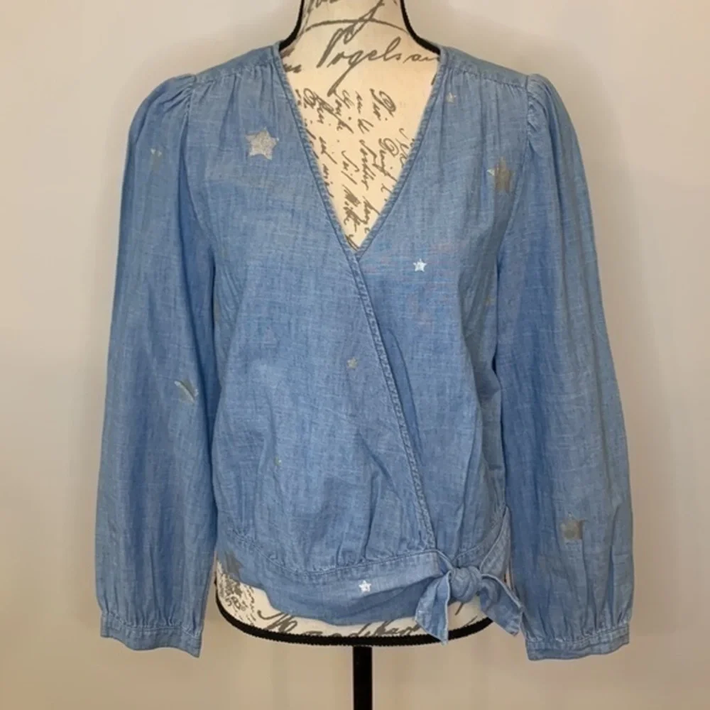 J. Crew chambray surplice wrap with silver stars and adjustable bottom S Tall